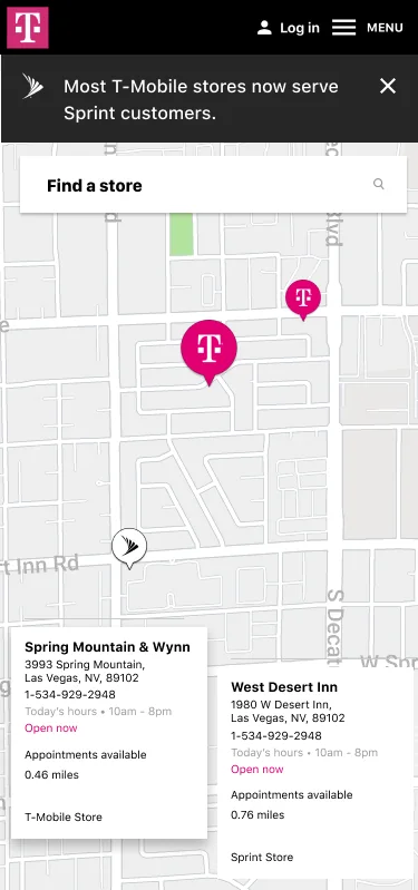 Mobile store-locator concept with a map and two store cards. 01